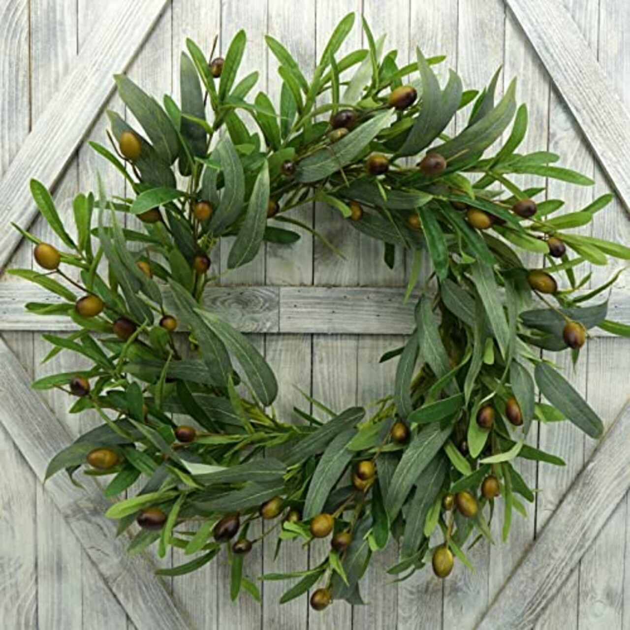 20 inches Artificial Green Olive Wreath Greenery Wreath with Olive Leaves,Olive Bean for Front Door Indoor Outdoor Farmhouse Home Wall Window Festival Wedding Decor, White Gift Box Included